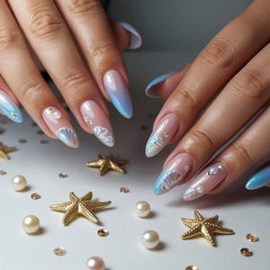 Meerjungfrau Muschel drücken auf die Nägel, Blau Ombre Ozean Gefälschte Nägel, Perle Seestern Strand Nägel, Sommer Meer Kleber auf den Nägeln Set, Trendige Nägel