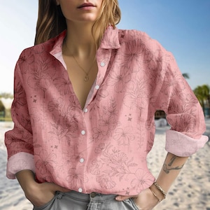 Pink Floral Blouse Shirt, Floral Theme Button Down Blouse, Elegent Blouse Women, Girly Linen-look Shirt, Vacation Blouse Shirt