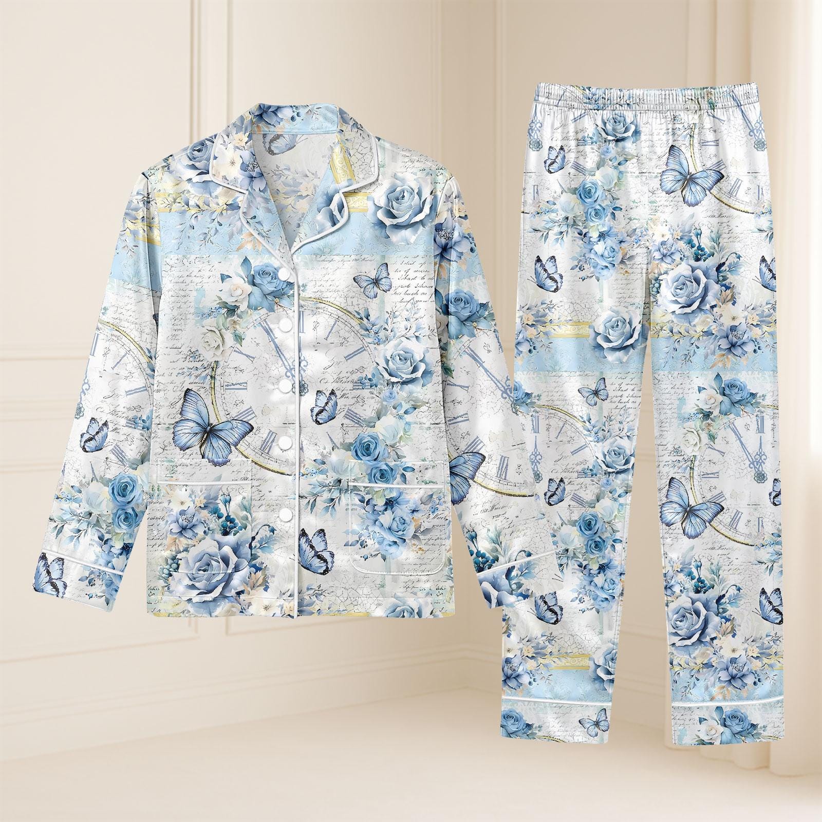 Discover Almost Midnight Butterfly Floral Pajama Set, Long Sleeve Sleepwear for Women, Gift for Her