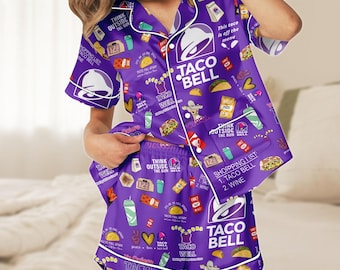Taco Bell Short Satin Pajamas, Fast Food Pajamas Set, Funny Sleepwear, Taco Satin Pajamas, Christmas Gift