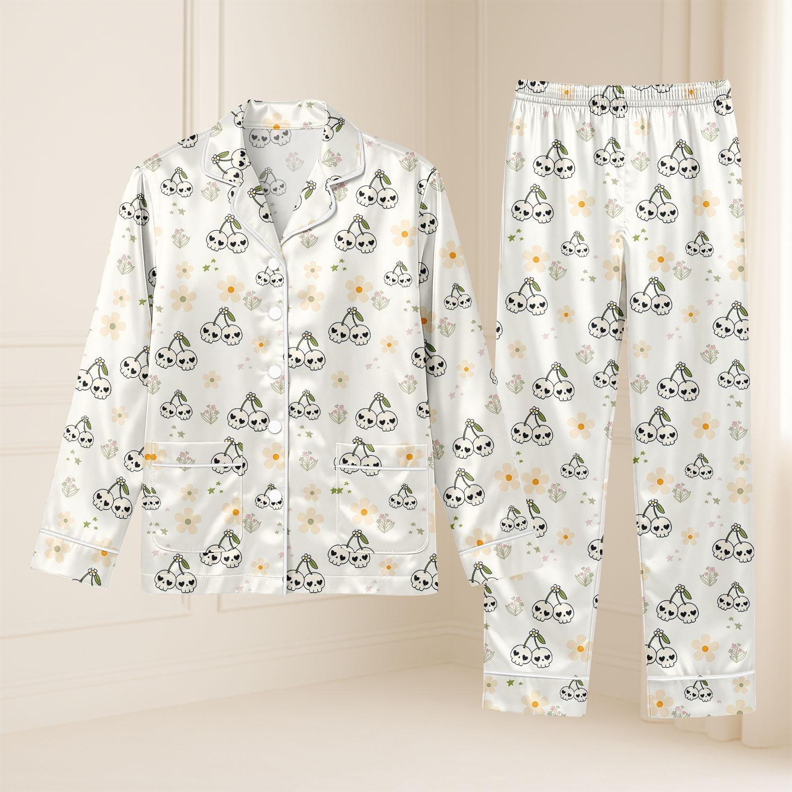 Discover Cherry Skull Pajamas Set, Womens Long Sleeve Silk Sleepwear, Gothic Nightwear, Cute Skull Pajamas, Halloween Pajamas Set