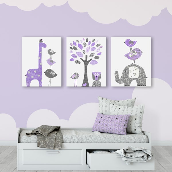 Digital Print, Purple & Gray Nursery Wall Art, Baby Room, Girl Nursery, Elephant Giraffe Birds Decor, Set of 3 Printables
