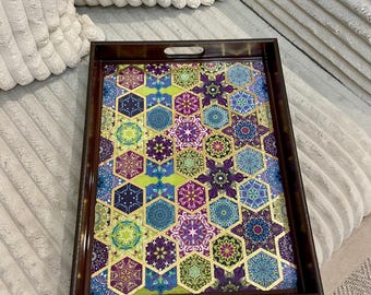 Bandeja otomana para servir hecha a mano / Bandeja decorativa de madera con asas
