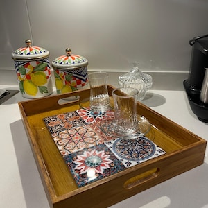 Wooden Serving Tray With Turkish Ceramic Tiles | Tray With Handles | Ottoman Tray | Gift For Her | Tea Tray Decorative Tray | Tray Decor
