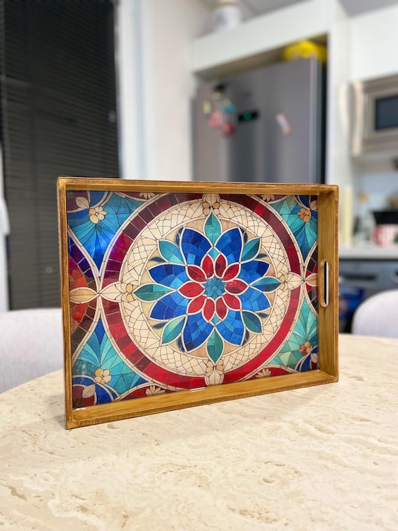 Handmade Wooden Tray With Handles | Ottoman Pattern, Epoxy Resin
