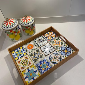 Wooden Serving Tray With Turkish Ceramic Tiles | Tray With Handles | Ottoman Tray | Gift For Her | Tea Tray Decorative Tray | Tray Decor