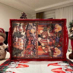 Wooden Christmas Tray With Handles | Serving Tray Handles | Christmas Decor | Christmas Gift  | Tea Tray With Handles | Noel Decor