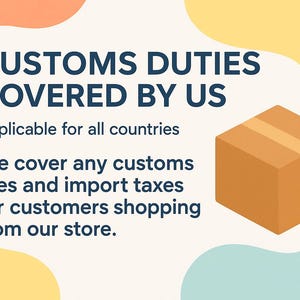 Puede incluir: Un fondo blanco con formas abstractas de colores y texto que dice "CUSTOMS DUTIES COVERED BY US" y "Applicable for all countries". Debajo del texto hay una caja de cart&oacute;n marr&oacute;n con una cinta adhesiva de color beige. El texto contin&uacute;a: "We cover any customs fees and import taxes for customers shopping from our store."