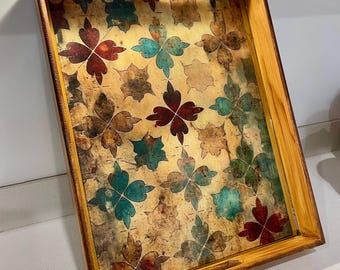 Bandeja otomana artesanal / Bandeja decorativa de madera con asas