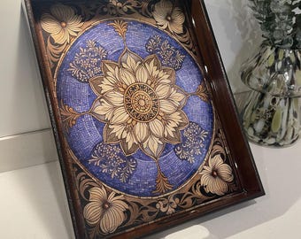 Bandeja otomana artesanal / Bandeja decorativa de madera con asas