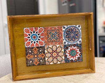 Turkish Ceramic Tile Wooden Serving Tray: Ottoman Decor