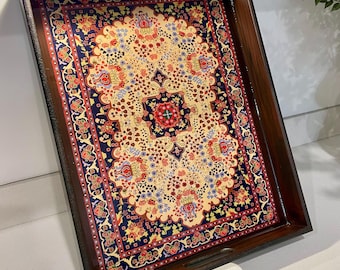 Bandeja otomana artesanal / Bandeja decorativa de madera con asas