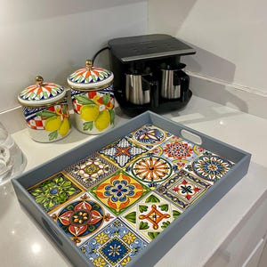 Wooden Serving Tray With Turkish Ceramic Tiles | Tray With Handles | Ottoman Tray | Gift For Her | Tea Tray Decorative Tray | Tray Decor