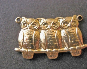 22x13mm Owls on Branch Raw Brass Connector Bird Charm 6pc