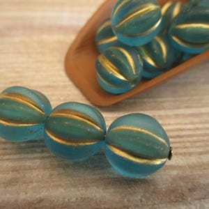 10mm Melon Matte Aqua Gold Wash Czech Glass Beads Blue Fluted Round 10pc