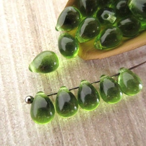 5x7mm Teardrop Olivine Czech Glass Beads Transparent Green Top Drilled 25pc image 1