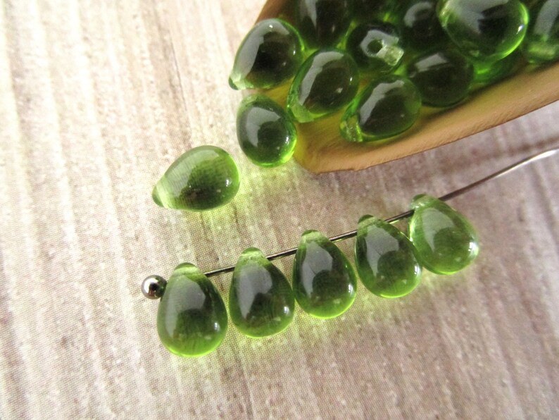 5x7mm Teardrop Olivine Czech Glass Beads Transparent Green Top Drilled 25pc image 1