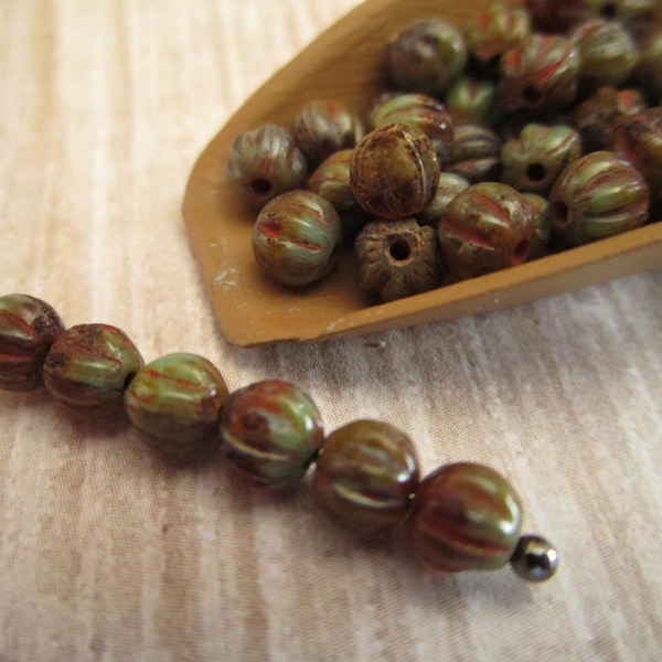 4mm Melon Amber Sage Picasso Czech Glass Beads Fluted Round 50pc