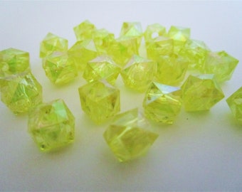 9mm Faceted Cube Transparent Yellow AB Acrylic Beads 30pc