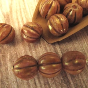 8mm Melon Rose Gold Topaz Luster Czech Glass Beads Fluted Round 10pc