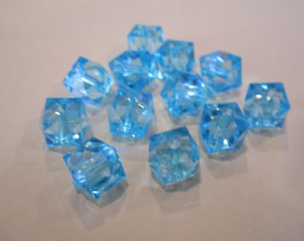 10mm Faceted Cube Transparent Blue Aqua Acrylic Beads 20pc