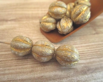 12mm Melon Etched White Gold Wash Czech Glass Beads Fluted Round 6pc