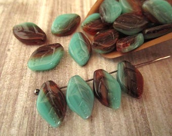 8x12mm Leaf Turquoise Rust Mix Czech Glass Bead Leaves 25pc