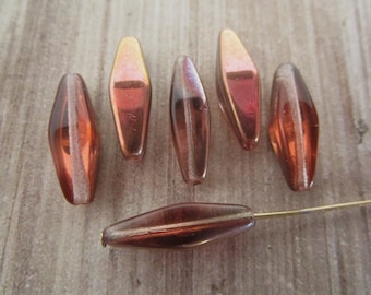 20x8mm Elongated Bicone Smoke Topaz Copper Rainbow Rhombus Premium Czech Glass Beads 6pc