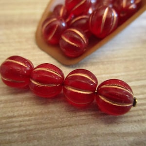 8mm Melon Ruby Copper Wash Czech Glass Beads Red Fluted Round 10pc
