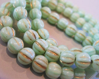 5mm Melon Opaque Mint Green with Gold Wash Czech Beads Fluted Round 25pc