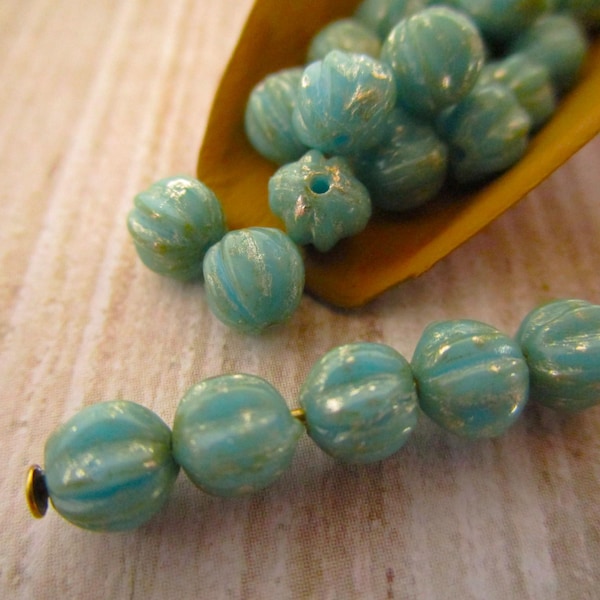 5mm Melon Opaque Turquoise Silver Picasso Czech Glass Beads Fluted Round 25pc