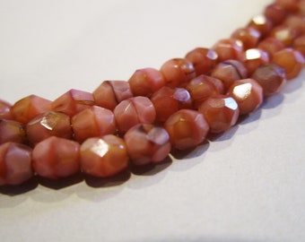 4mm Faceted Round Opaque Coral Pink Brown Czech Glass Beads 50pc