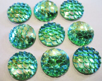 12mm Round Blue Green AB Mermaid Fish Scale Resin Cabochon 10pc