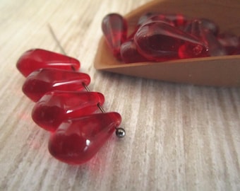 7x14mm Faceted Teardrop Siam Red Czech Beads Drop Pressed Glass 10pc