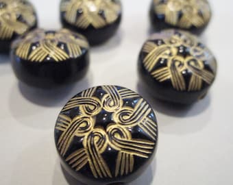 16mm Coin Black Gold Inlay Ornate Acrylic Flat Round Beads 15pc