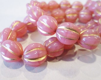 10mm Melon Pink Dusty Rose with Gold Wash Fluted Round Czech Beads 10pc