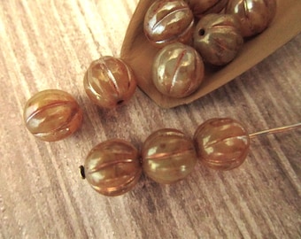 8mm Melon Champagne Picasso Czech Glass Beads Fluted Round 10pc