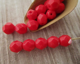 6mm Faceted Round Opaque Red Czech Bead Fire Polished Glass 24pc