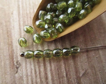 3mm Faceted Round Olivine Shimmer Green Czech Beads Fire Polished 50pc