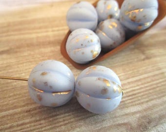 14mm Melon Periwinkle Gold Picasso Czech Glass Beads Fluted Round 4pc