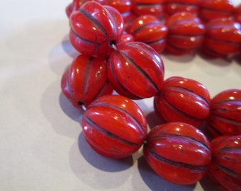 12mm Melon Red Ladybug with Brown Wash Czech Glass Beads Fluted Round 6pc