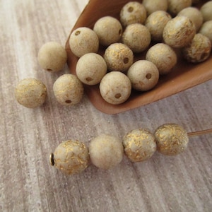 6mm Round Druk Etched Beige Gold Wash Czech Glass Beads 30pc