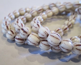6mm Melon Opaque White with Brown Wash Czech Glass Beads 25pc