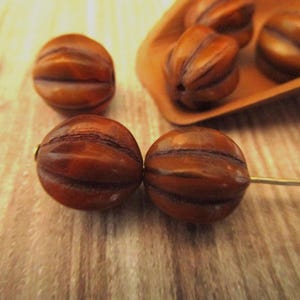 12mm Melon Alloy Orange Brown Wash Czech Glass Beads Fluted Round 6pc