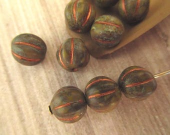 8mm Melon Green Artichoke Picasso Copper Wash Czech Glass Beads Fluted Round 10pc