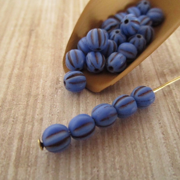 5mm Melon Opaque Blue Indigo Brown Wash Czech Glass Beads Fluted Round 25pc