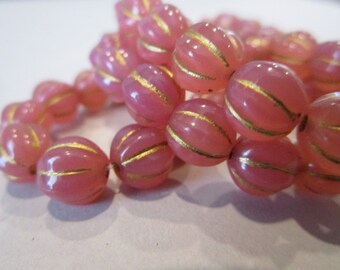 8mm Melon Pink Dusty Rose Gold Wash Czech Glass Beads Fluted Round 10pc