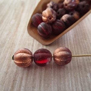 8mm Melon Etched Cranberry Copper Pink Wash Czech Glass Beads Fluted Round 10pc