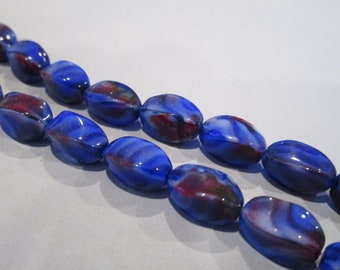 13x9mm Oval Twist Blue Red and White Glass Beads 24pc