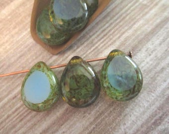 12x16mm Teardrop Milky Aqua Picasso Blue Czech Glass Beads Pear Drop Table Cut 6pc